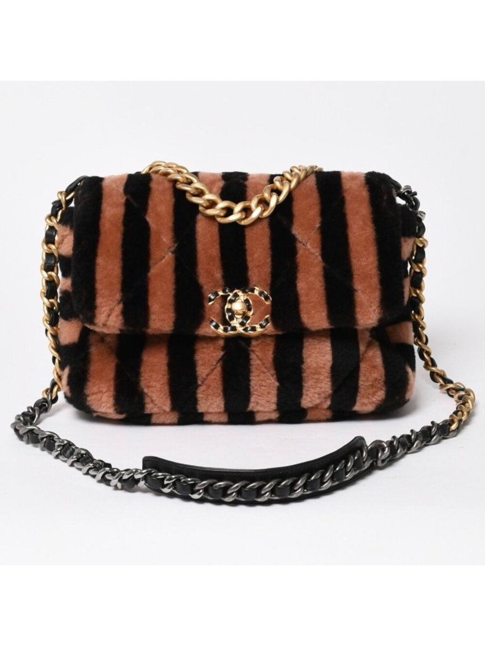 Chanel 19 Chain Bag CC Logo Stripe Shearling Fur Flap